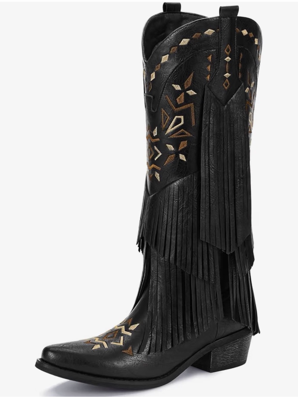 BybMorto Women’s Black Western Knee High Faux Leather Fringe Embroidered 6.5